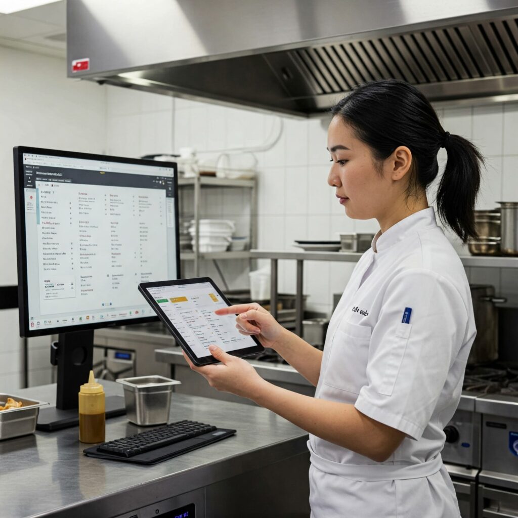Restaurant staff managing digital orders on a tablet inside a professional kitchen
