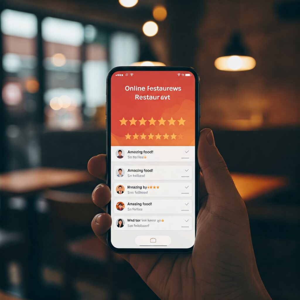 Smartphone displaying restaurant ratings and customer reviews on a digital platform