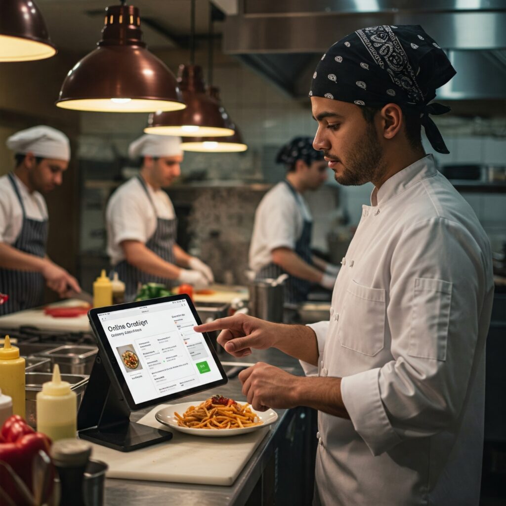 Chef reviewing online food orders on a tablet in a professional restaurant kitchen