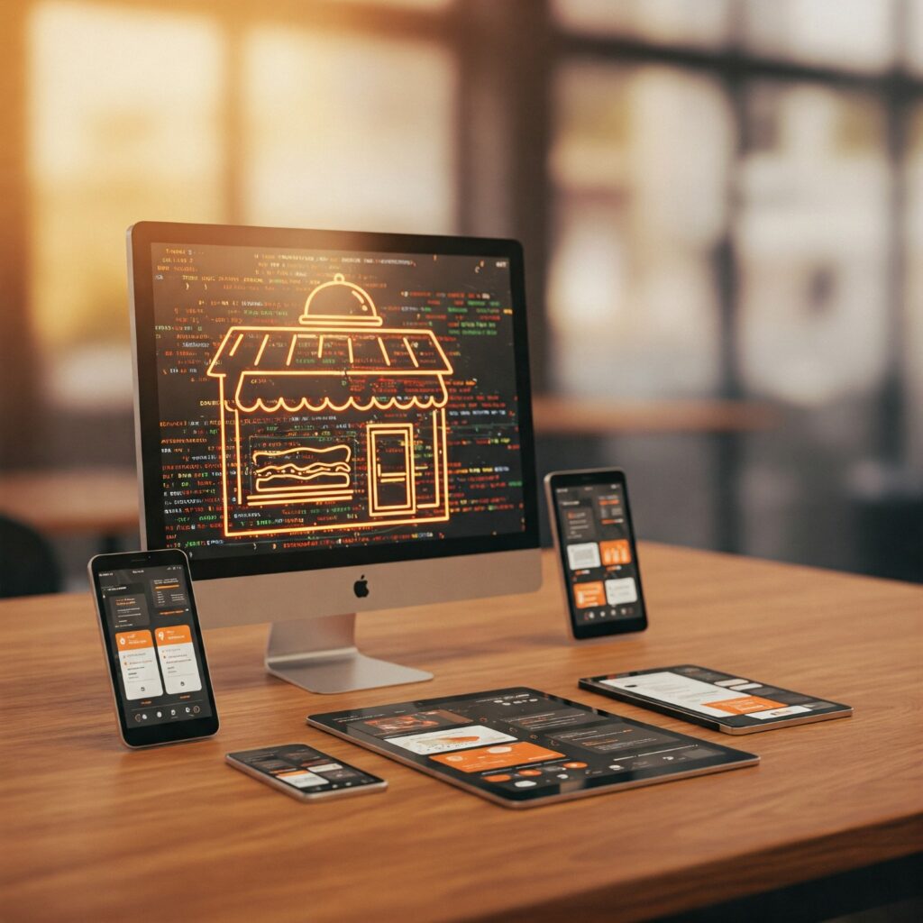Digital restaurant platform displayed across desktop, tablet, and mobile devices